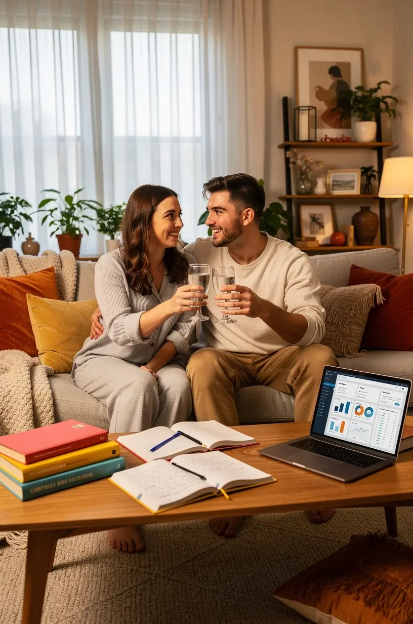 Nyugodt otthoni környezet, ahol valaki pénzügyi önreflexiós könyvet olvas, hogy fejlessze pénzügyi szemléletét