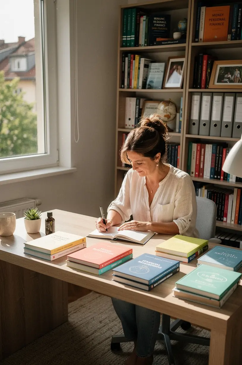 Elmélyült olvasó tanul személyes pénzügyi stratégiákról szóló könyvet egy kényelmes környezetben